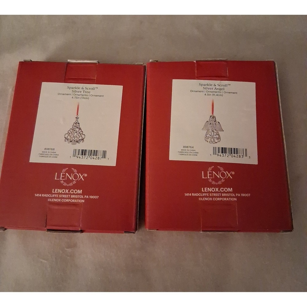 Lenox Sparkle & Scroll Silver Tree & Angel Ornament Set 898768 898764 Boxed